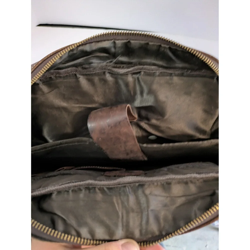 Mens Dark Brown Distressed Leather Briefcase Messenger Laptop Bag Brass Hardware